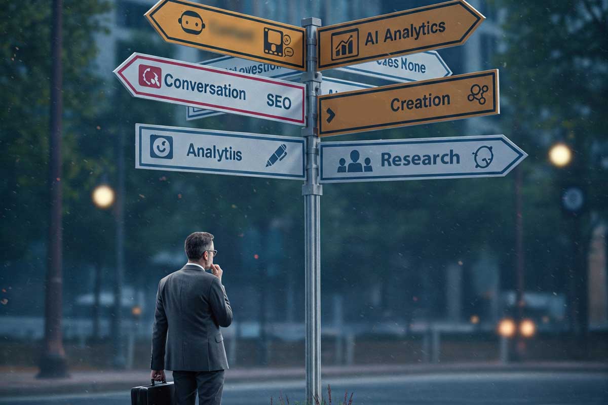 Signpost pointing toward different AI marketing tools