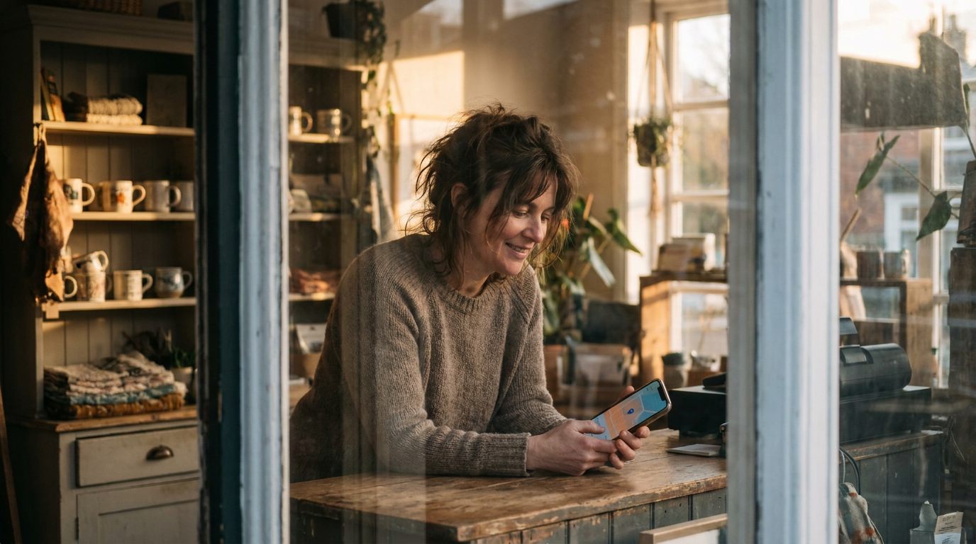 A small shop owner at her counter checking a local map search result on her phone