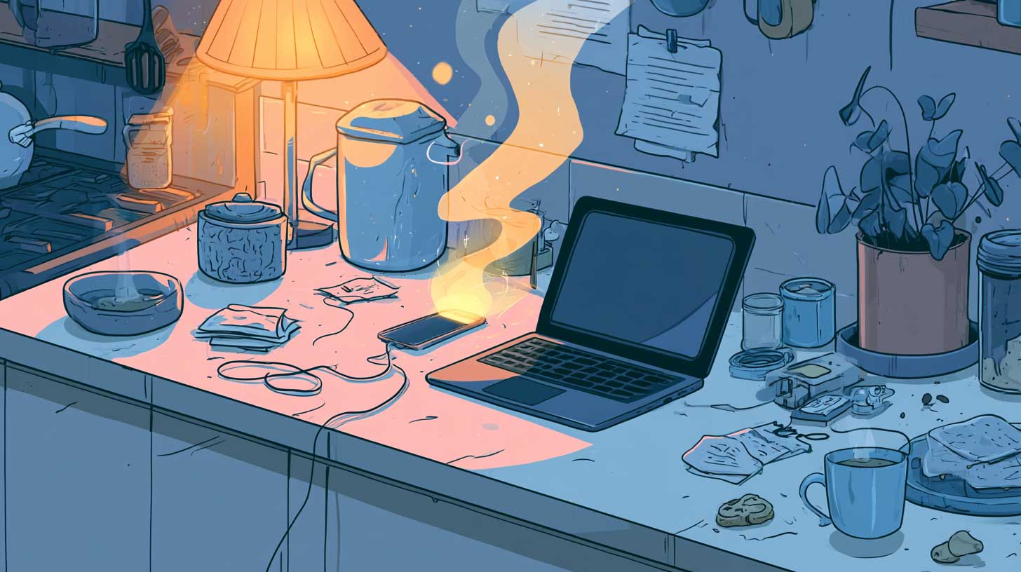 A small business owner's phone lighting up with a new customer inquiry at night on a kitchen counter