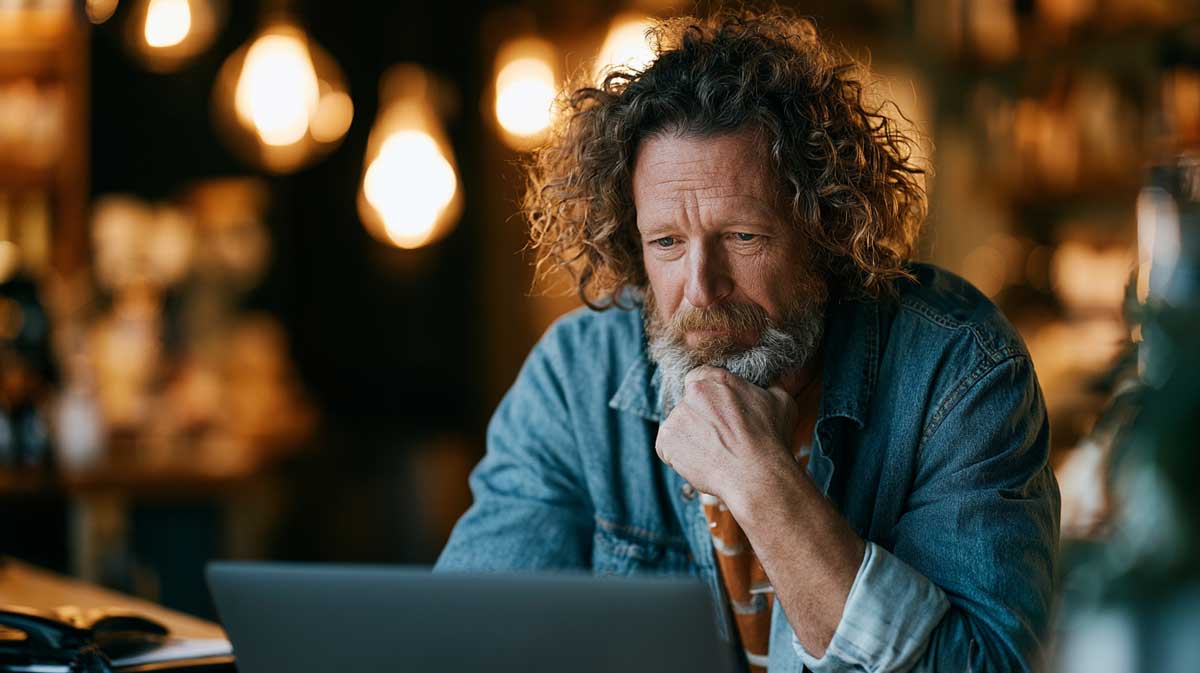A small business owner reviewing their sleek but quiet website on a laptop